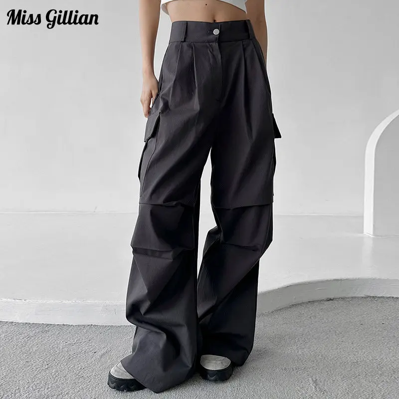 

2023 Casual Cargo Pants Pockets Oversize High Waist Baggy Pants Women Summer New Fashion Loose Grey Woven Wide Leg Trousers