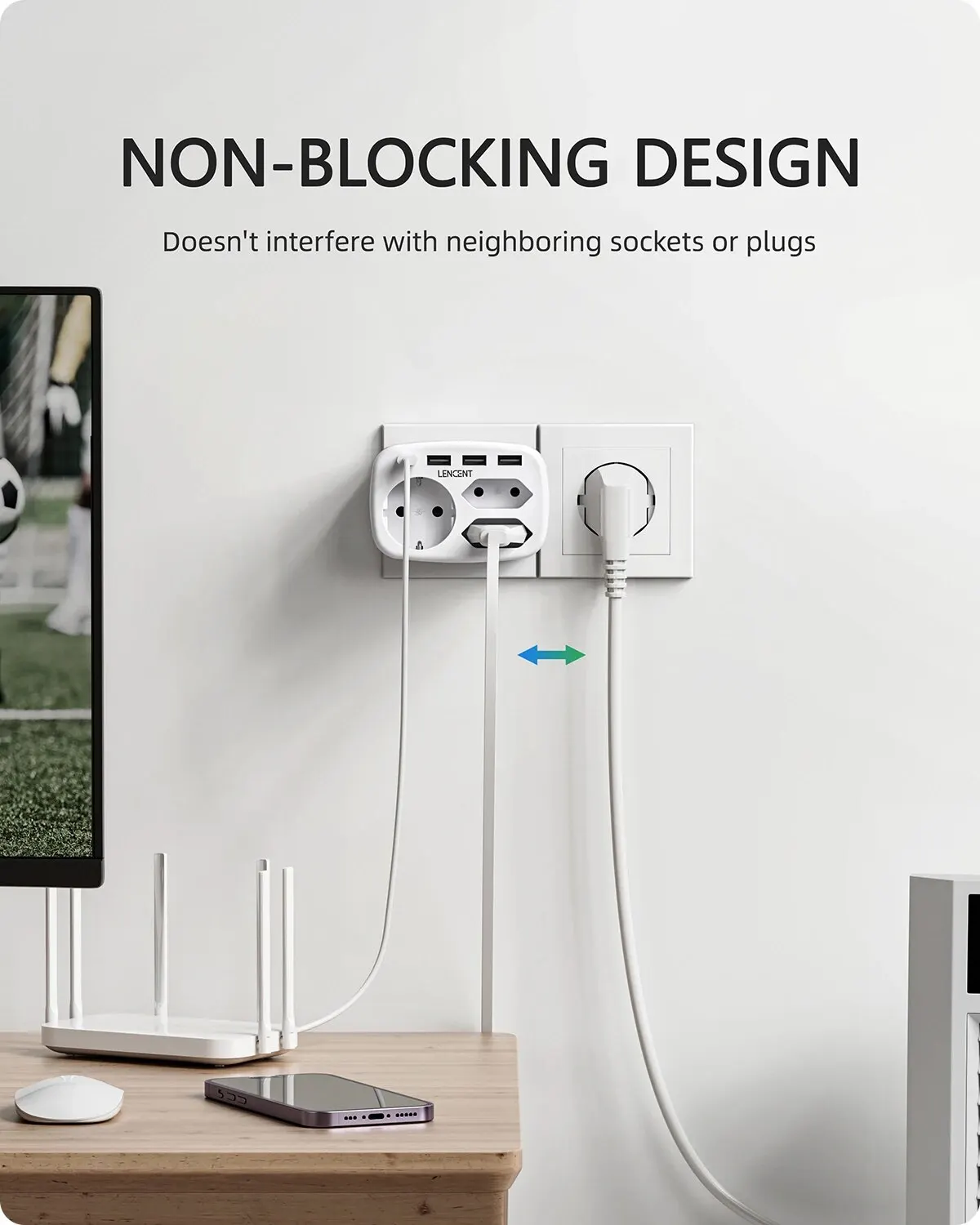 LENCENT EU Plug Multiple Wall Socket Extender 3 AC Outlets 3 USB Ports 1 Type C 7-in-1 Plug Adapter For Home and Office plug adapter wall socket extender