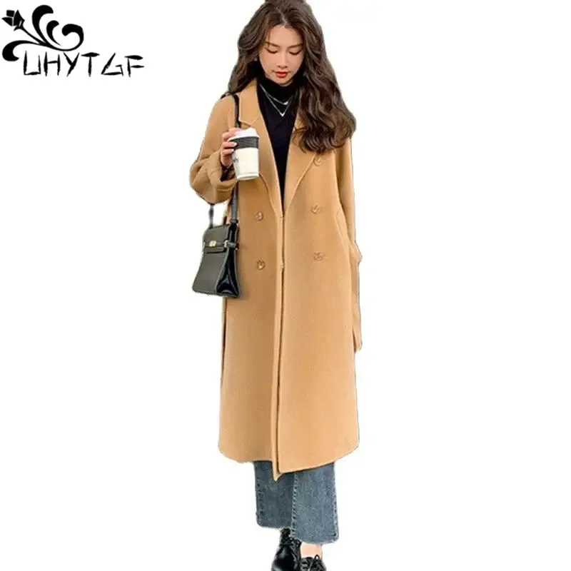 

UHYTGF Jacket Womens 2023 Blue Double-Sided Cashmere Spring Autumn Wool Coat Female Korean Double Breasted Outerwear Ladies 2610