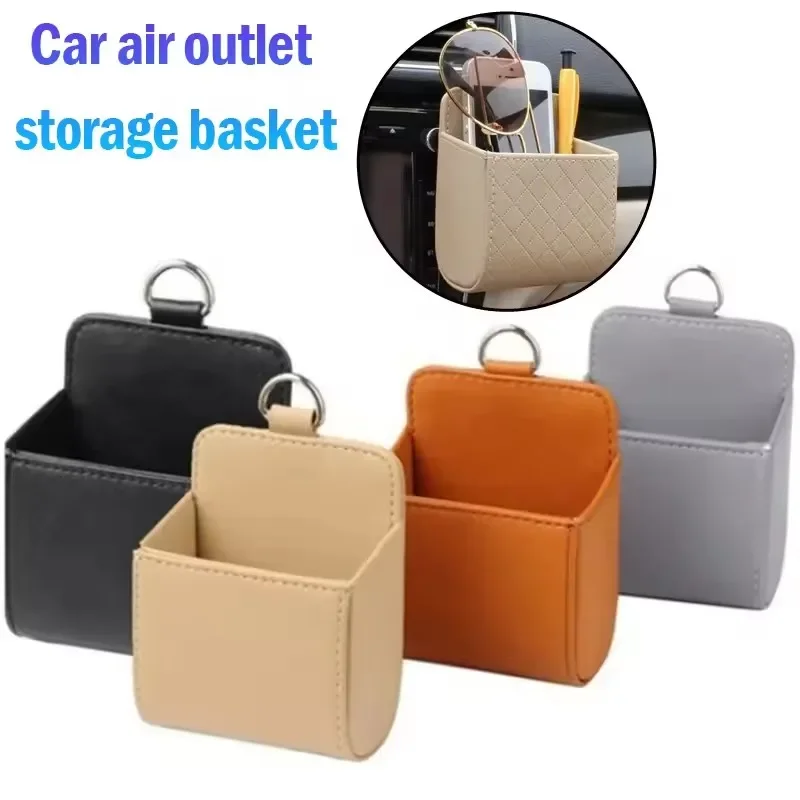 1pc Car Storage Bag Car Air Outlet Debris Bag For Mobile Phone Key Sunglasses Vent Dashboard Tidy Hanging Leather Organizer Box