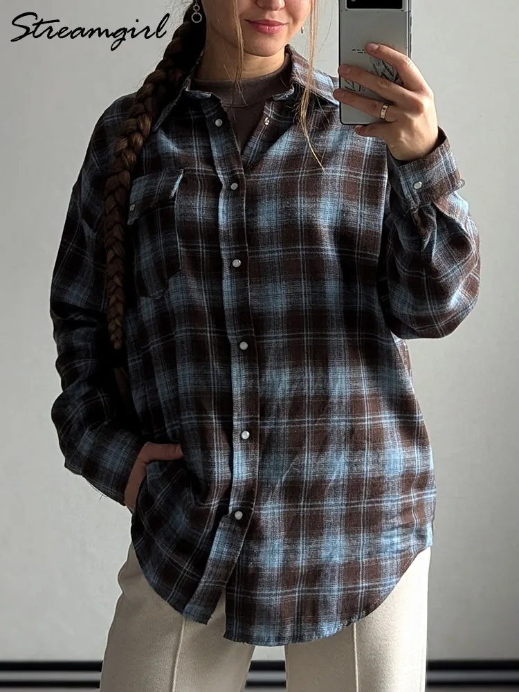Women Shirts Plaid Oversized Shirts For Women Office Spring Loose Buttoned Shirt Pocket Long Sleeve Vintage Blouses