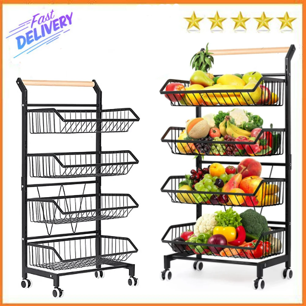 4 Tier Fruit Vegetable Storage Basket Rolling Cart with Handle and Wheels, Black