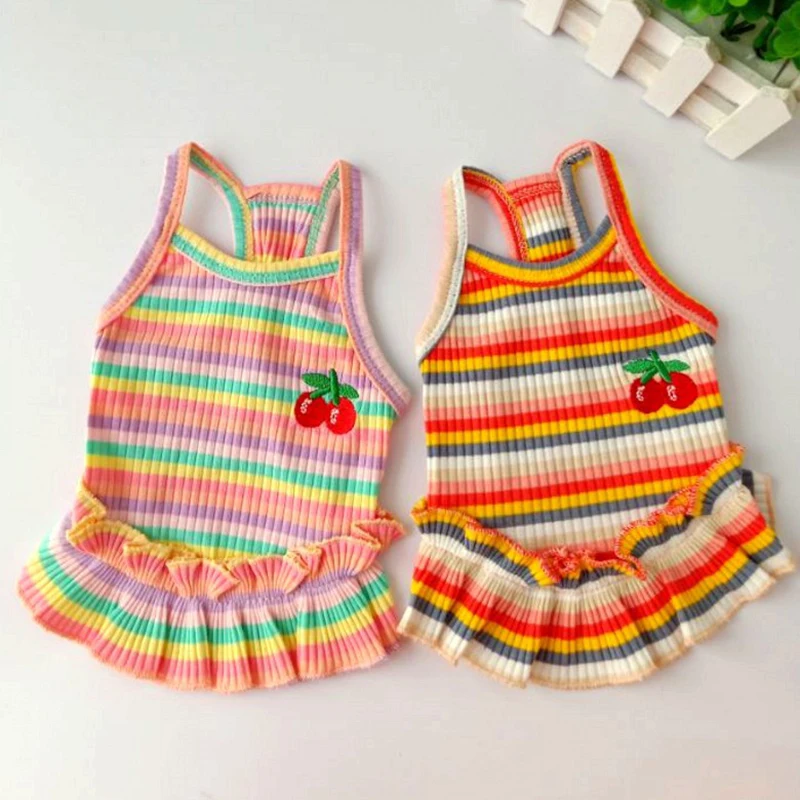 Rainbow Suspender Skirt Dog Clothes Cute Sweet Pet Princess Dress Color Striped Cherry Cat Skirt Skin Friendly Pet Dog Supplies