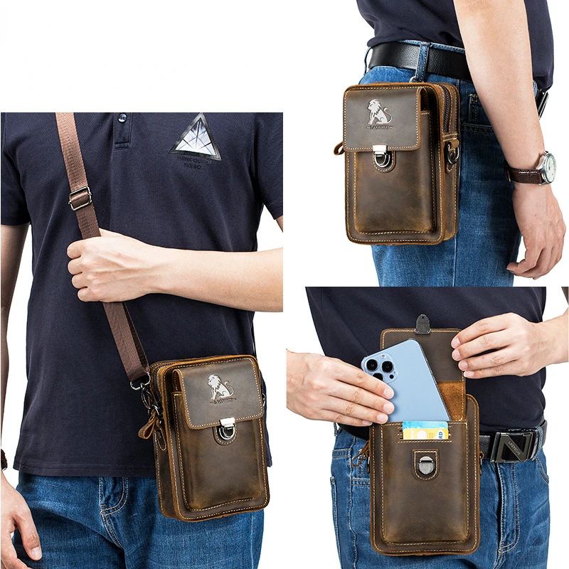 Men Leather Casual Waist Pack First Layer of Cowhide Multi-functional Single Shoulder Crossbody Portable Mobile Phone Brown Bag