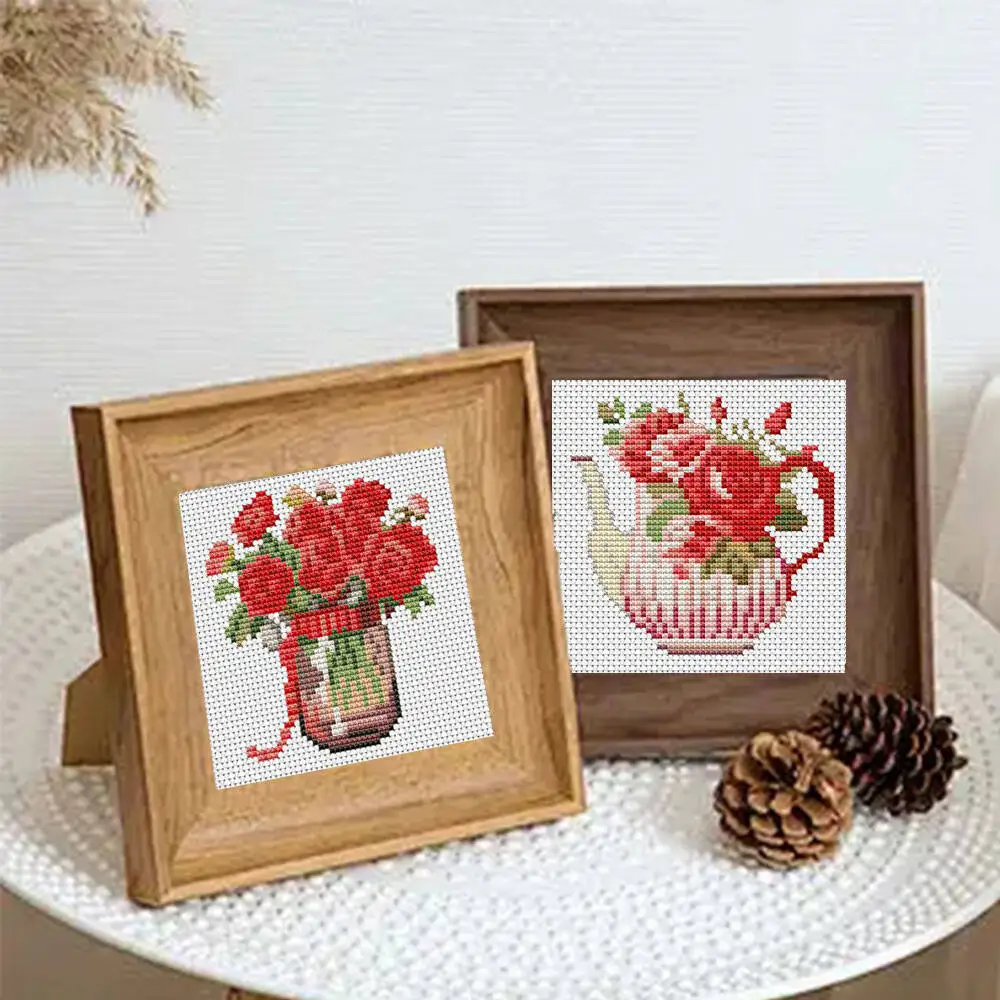 12pcs Rose Cross Stitch Flower Embroidery Needlework Cotton Thread Bedroom Decoration Handmade Gift