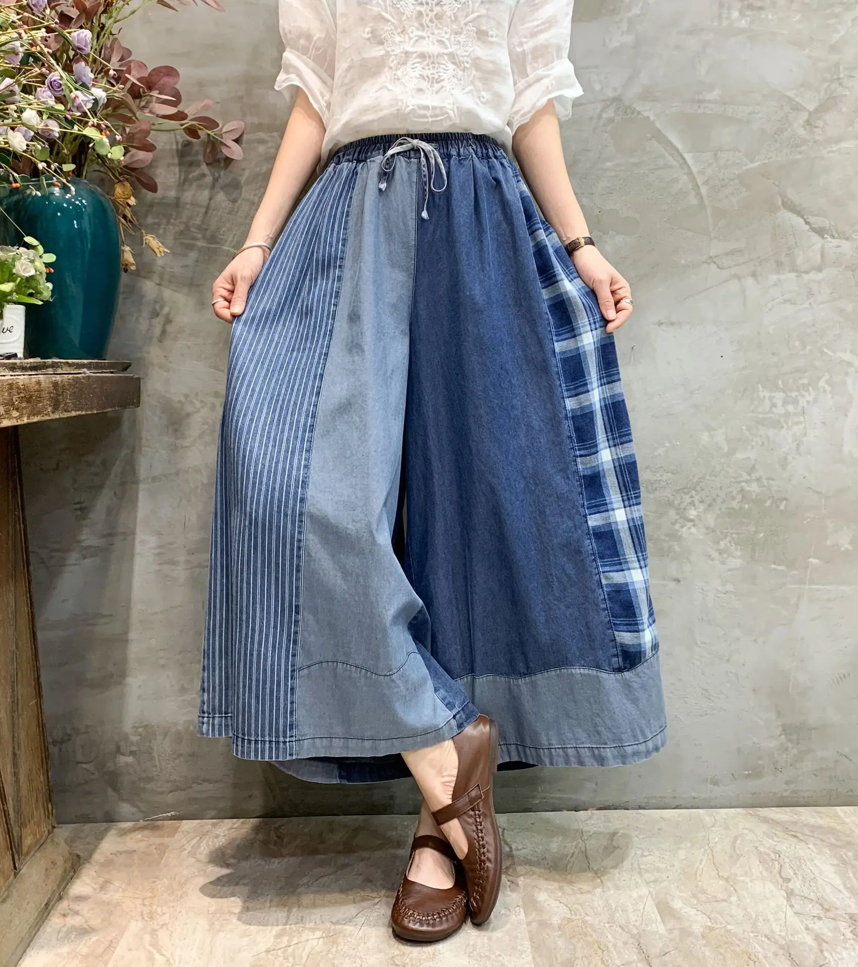 [EWQ] Patchwork Drawstring Jeans Pants For Women Streetwear High Waist Contrast Wide Leg Trousers Spring 2024 Autumn New Y6664