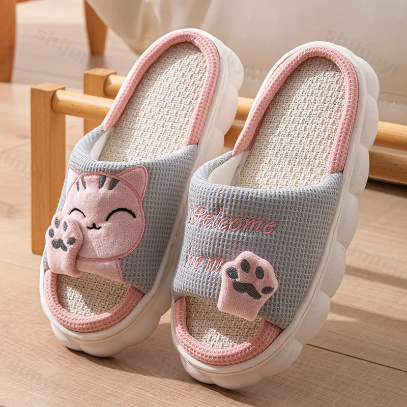 Women House Casual Slippers 2026 Spring Autumn Linen Platform Cute Cartoon Cat Floor Indoor Slippers Fashion Elegant Home Shoes - 4