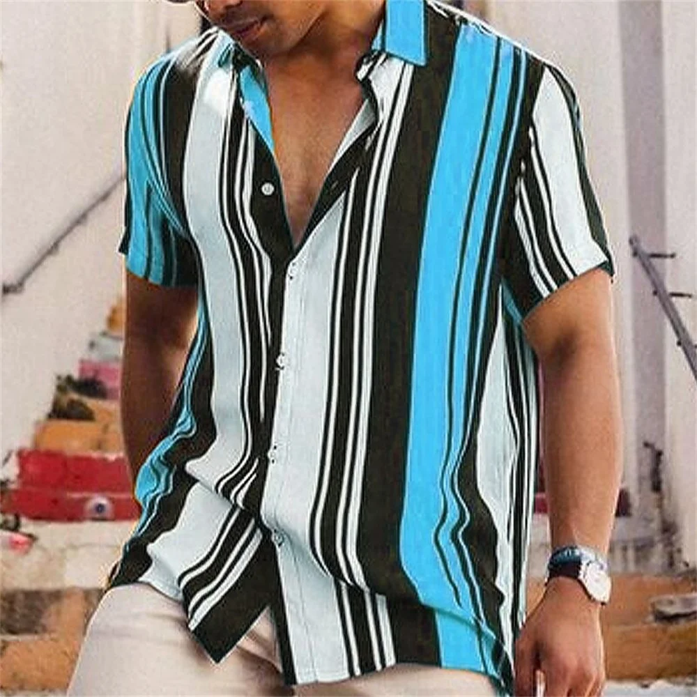 Men's short sleeved lapel striped printed button up shirt for summer leisure vacation, comfortable and soft Hawaiian shirt 5