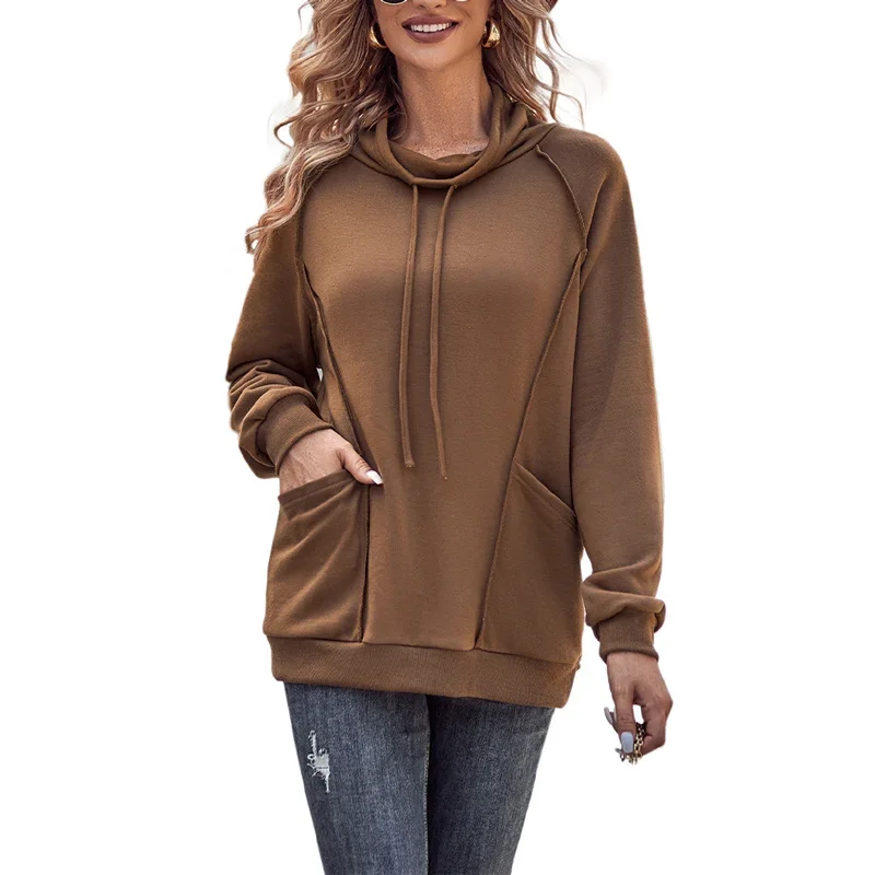 Fashion Turtleneck Drawstring Hoodie Women Solid Color Autumn Winter Thickened Sweatshirt Female Casual Double Pocket Outerwear