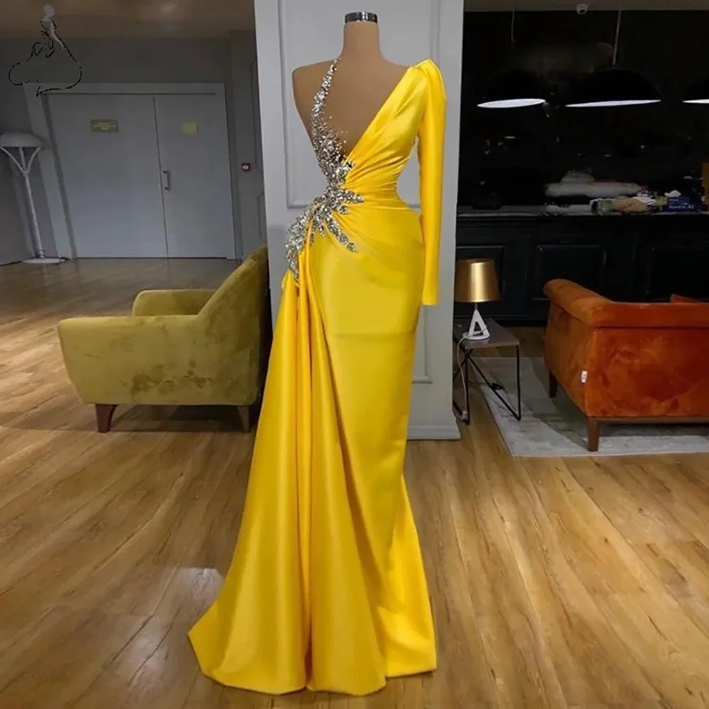 One Long Sleeve Prom Dresses Sexy Illusion Beading Chic Party Dress Long vestidos Zipper Back Evening Gowns women prom dresses