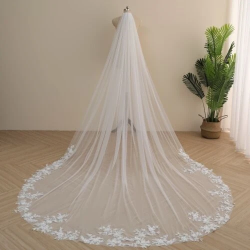Romantic 3Meters Cathedral Wedding Bridal Veil with Soft Lace Soft Tulle with Comb Ivory White Veil  Bridal Veil Velos de novia