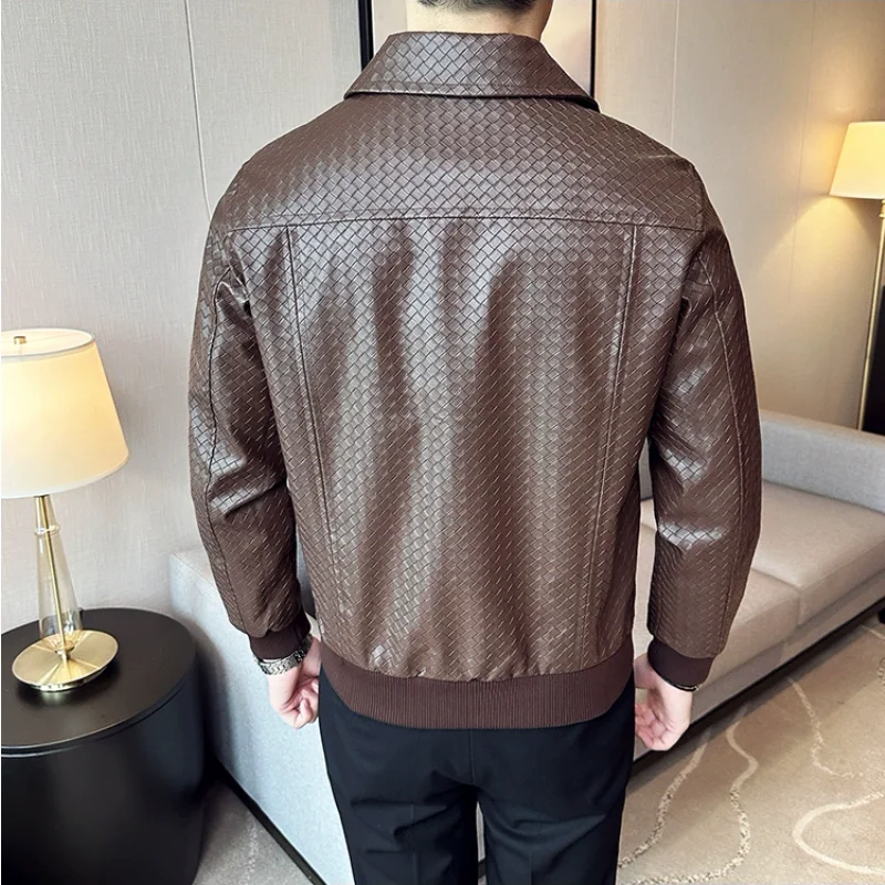 2023 Autumn Winter Men High Quality Woven Leather Jacket Fashion Lapel Business Casual Motorcycle Jacket Brand Social Overcoat 6