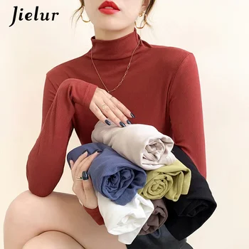Jielur 여성용 하프 터틀넥 니트 티셔츠, 7 가지 색상, 부드러운 기본 보터밍 탑, 여성용 레드 커피 티셔츠 S-XL, 가을 신상