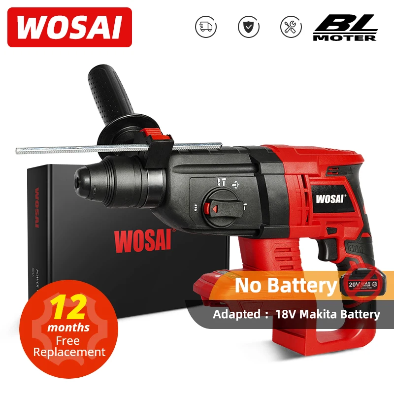 

Перфоратор WOSAI ударный беспроводной, 20 мм, 18 в, для литиевых аккумуляторов Makita