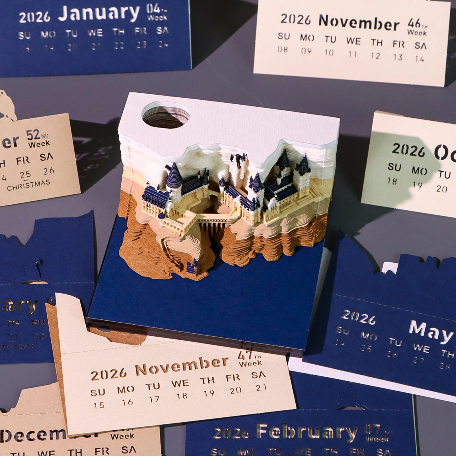 Time Piece Calendar 2026 Desk Calendar With Light 3D Magic Castle Weekly Calendar Paper Carving Art Memo Pad Notepad Xmas Gifts