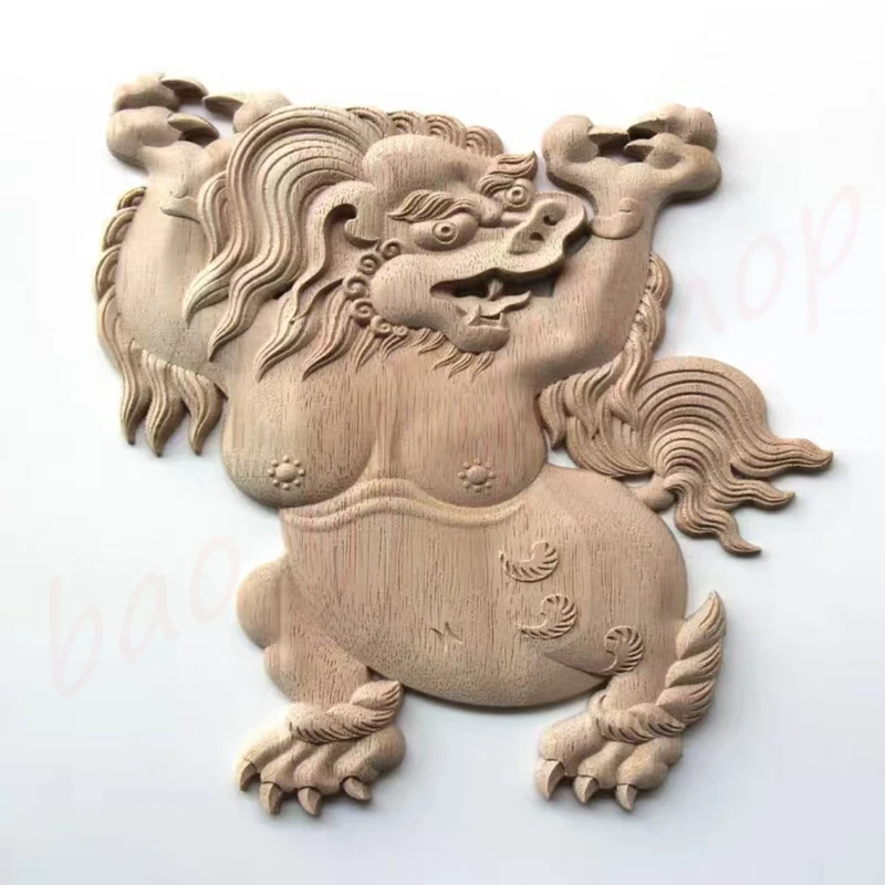 Solid wood flower piece, Tibetan wood carving lion, home decoration patch, rubber wood, unpainted, one pair 5