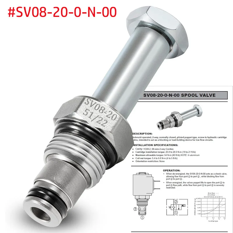 

SV08-20-0-N-00 Solenoid Operated Spool Cartridge Valve Check Valve for Hydraforce VC08-2 Cavity Used in Construction Equipment