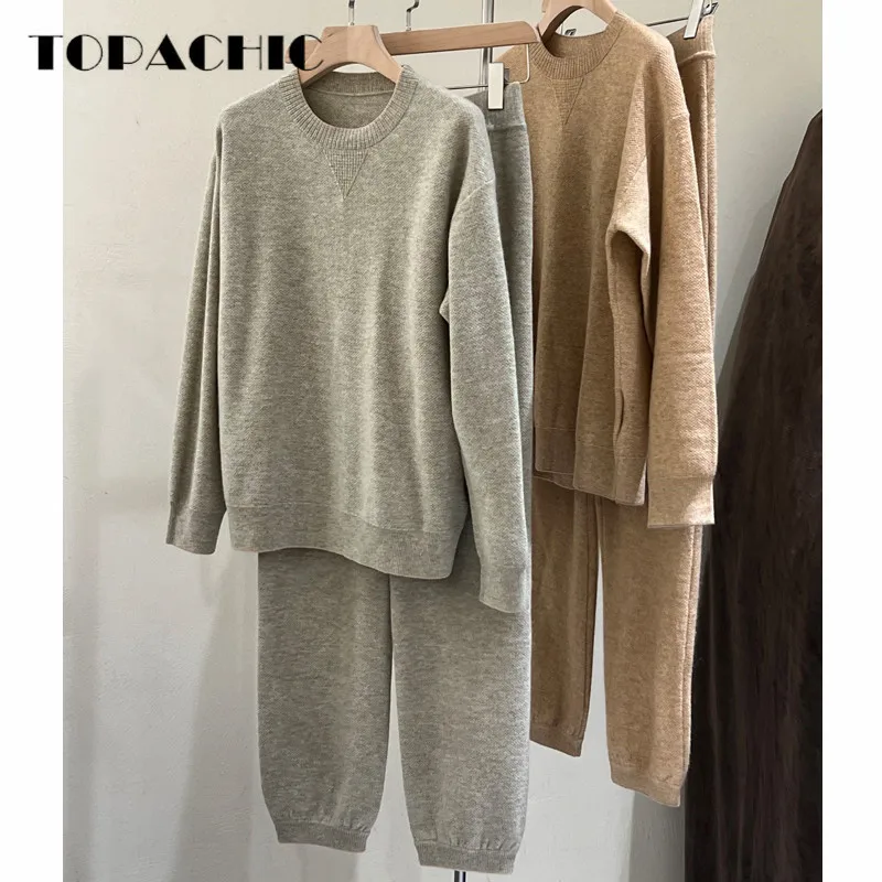 

9.3 TOPACHIC Women's Fashion O-Neck Jacquard Cashmere Knitted Pullover Sweater + Elastic Waist Pants Casual Style Two Piece Set