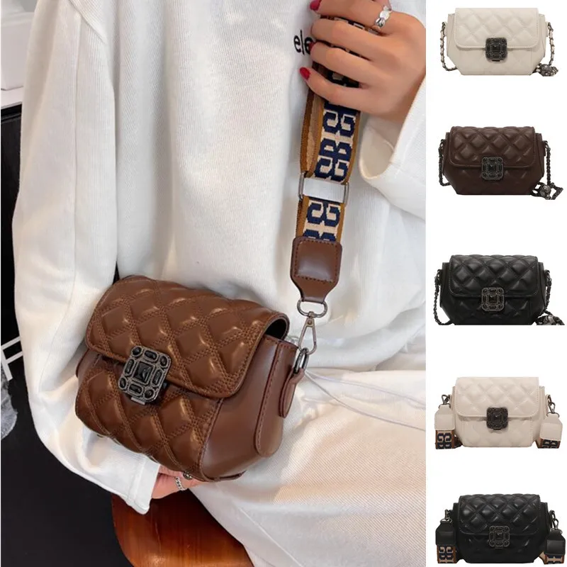 LAYRUSSI Casual Wide Shoulder Strap Messenger Bags Women Leather Lock Single Shoulder Bag Female Rhombus Handbags
