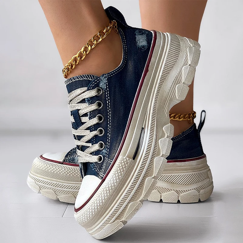 

Sneakers Women Lace-up Platform Casual Canvas Sneakers Denim Canvas Summer New Flats Platform Sport Running Women Shoes Walking