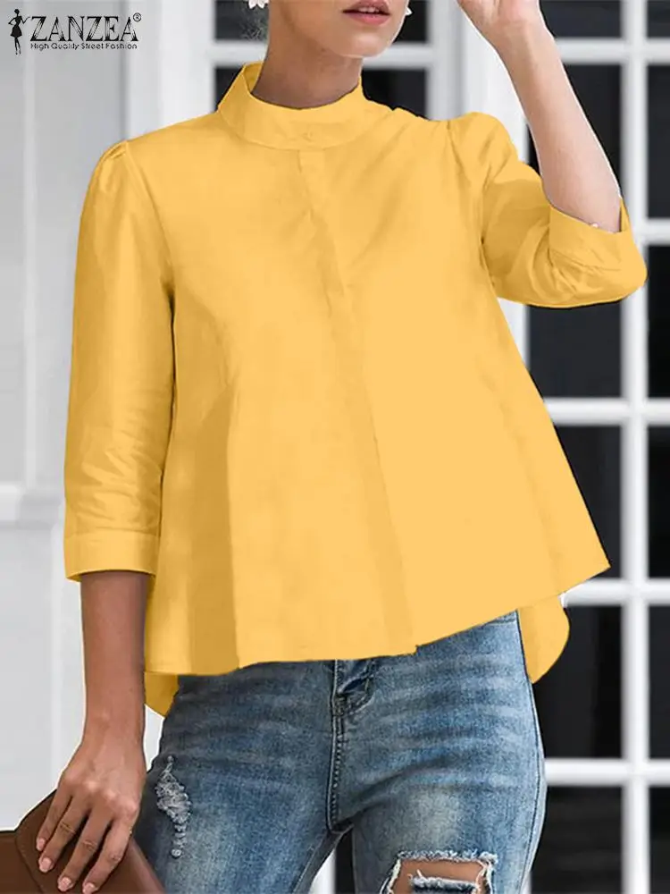 

2023 Summer Women Blouse ZANZEA Fashion 3/4 Sleeve Stand Collar Shirt Casual Solid Color Crop Tops Office Lady Buttons Blusas