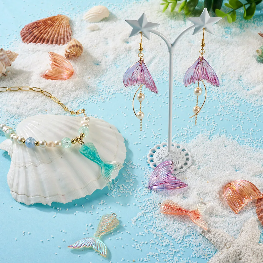 32pcs Resin Mermaid Tail Charms Fishtail Flatback Acrylic Pendant with Glitter Powder for Earring Necklace DIY Jewelry Making