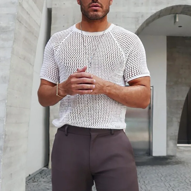 

Mens T Shirts 2023 Summer New Knitwear Solid Color Round Neck Short-sleeved Hollowed-out Knitted T-shirt Men's Streetwear