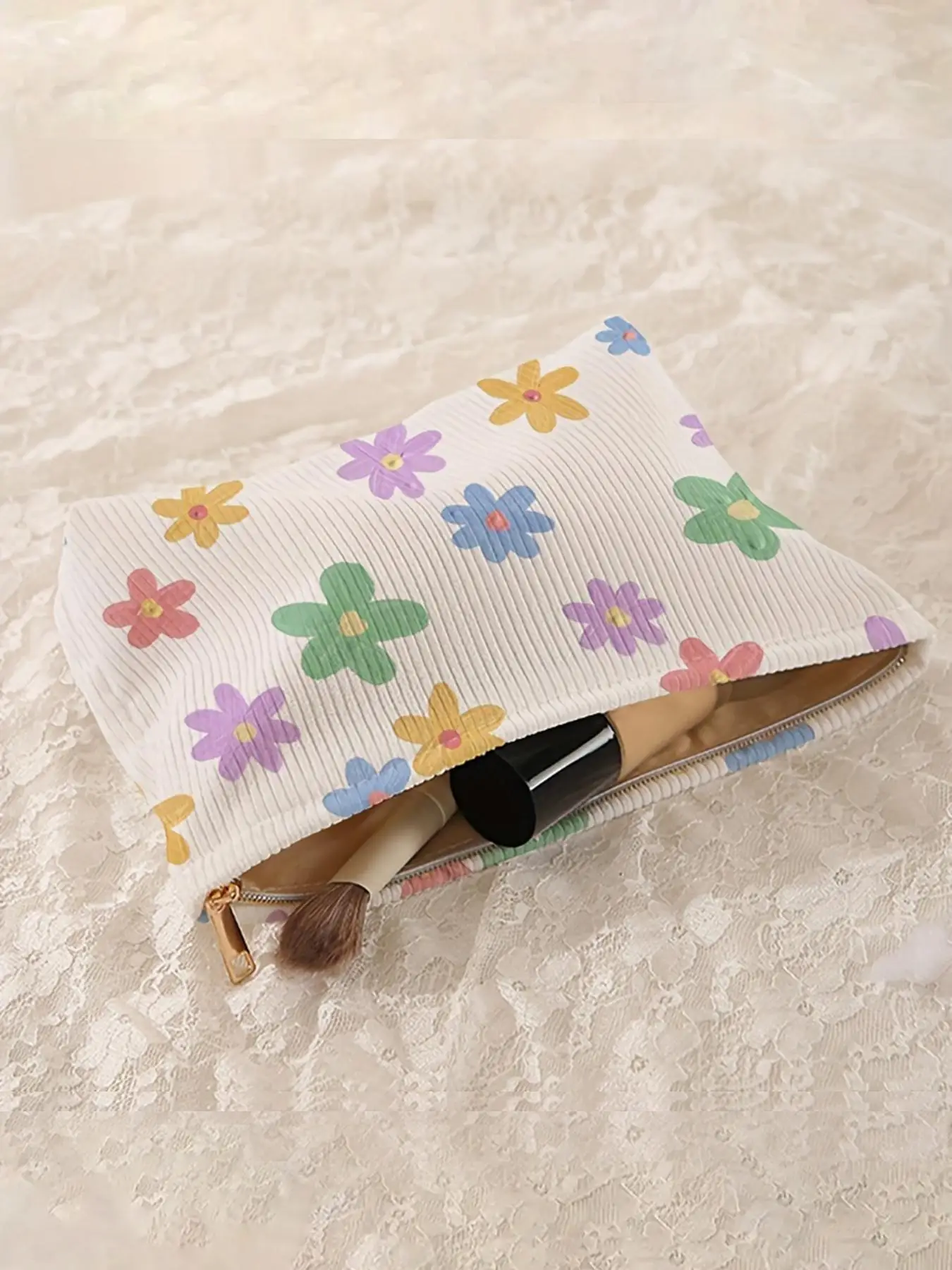 1pc，Floral patterned corduroy zipper makeup bag, lightweight and multifunctional makeup storage bag