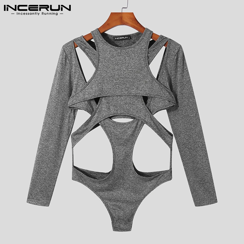 Sexy Leisure Style Loungewear Men's Hollow Onesies Stylish Male Jumpsuit Solid Long Sleeve Triangle Bodysuits S-5XL INCERUN