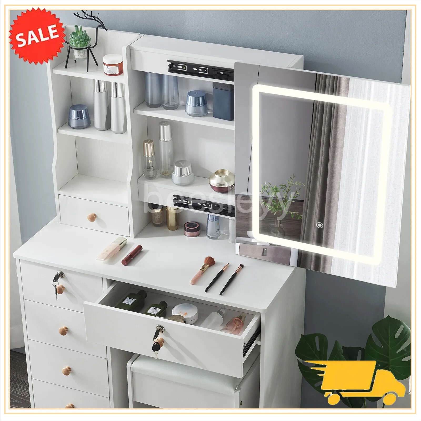 Dressing Table Mirror with Lights Stool Makeup Vanity Set Desk Organizer Dresser 5