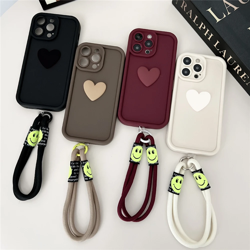 3D Love Heart Wrist Chain Phone Case with Hang Strap Lanyard Cover