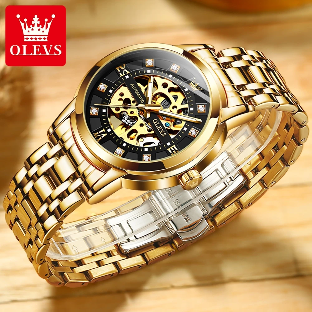 OLEVS New Fashion Skeleton Mechanical Watch for Men Stainless Steel Waterproof Luminous Hollow Watches Mens Relogio Masculino