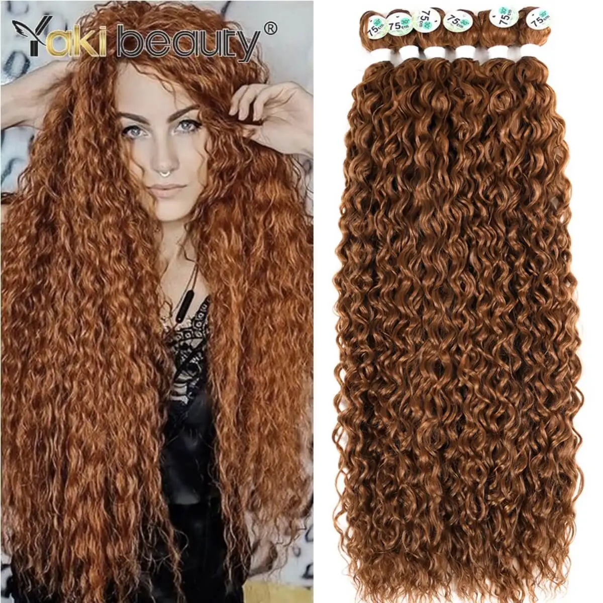 Synthetic Long Kinky Curly Hair Extensions Jerry Curl Orange Fake Crochet Bundles for Women Heat Resistant Wave Hair