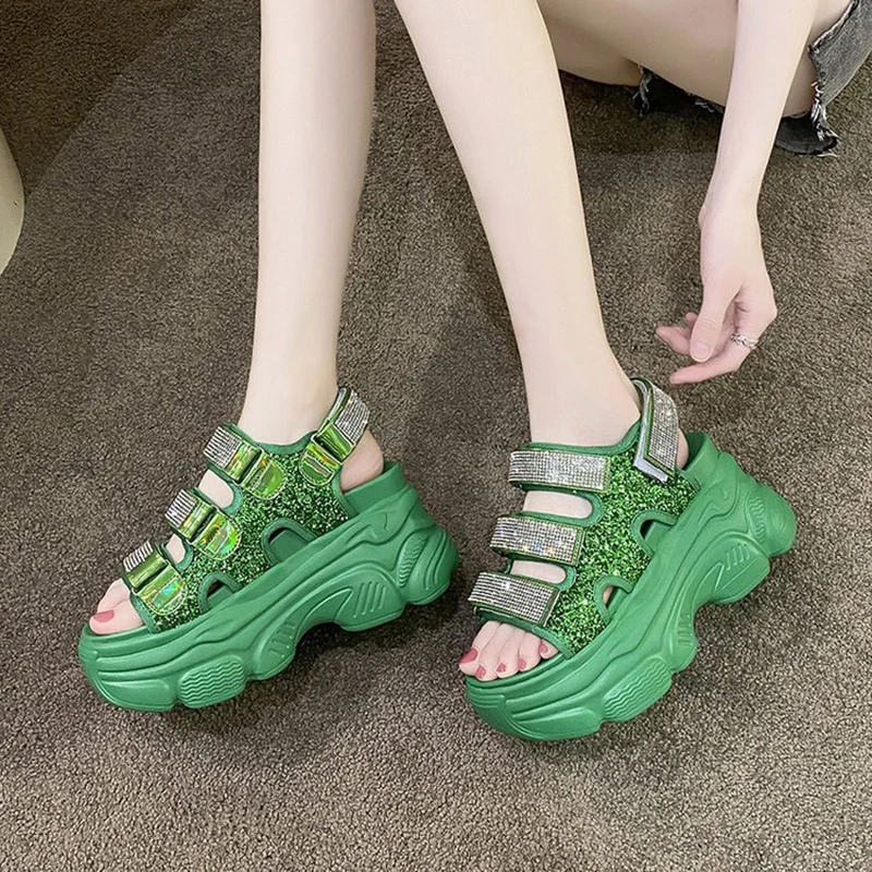 Women Summer New High-Heeled Sandals 9CM Plus High Thick-Soled Sandals Summer Fashion Breathable Wedges Beach Slippers 34-39