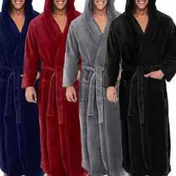 Dropshipping!! Men Soft Coral Fleece Solid Color Pockets Long Bath Robe Home Gown Sleepwear