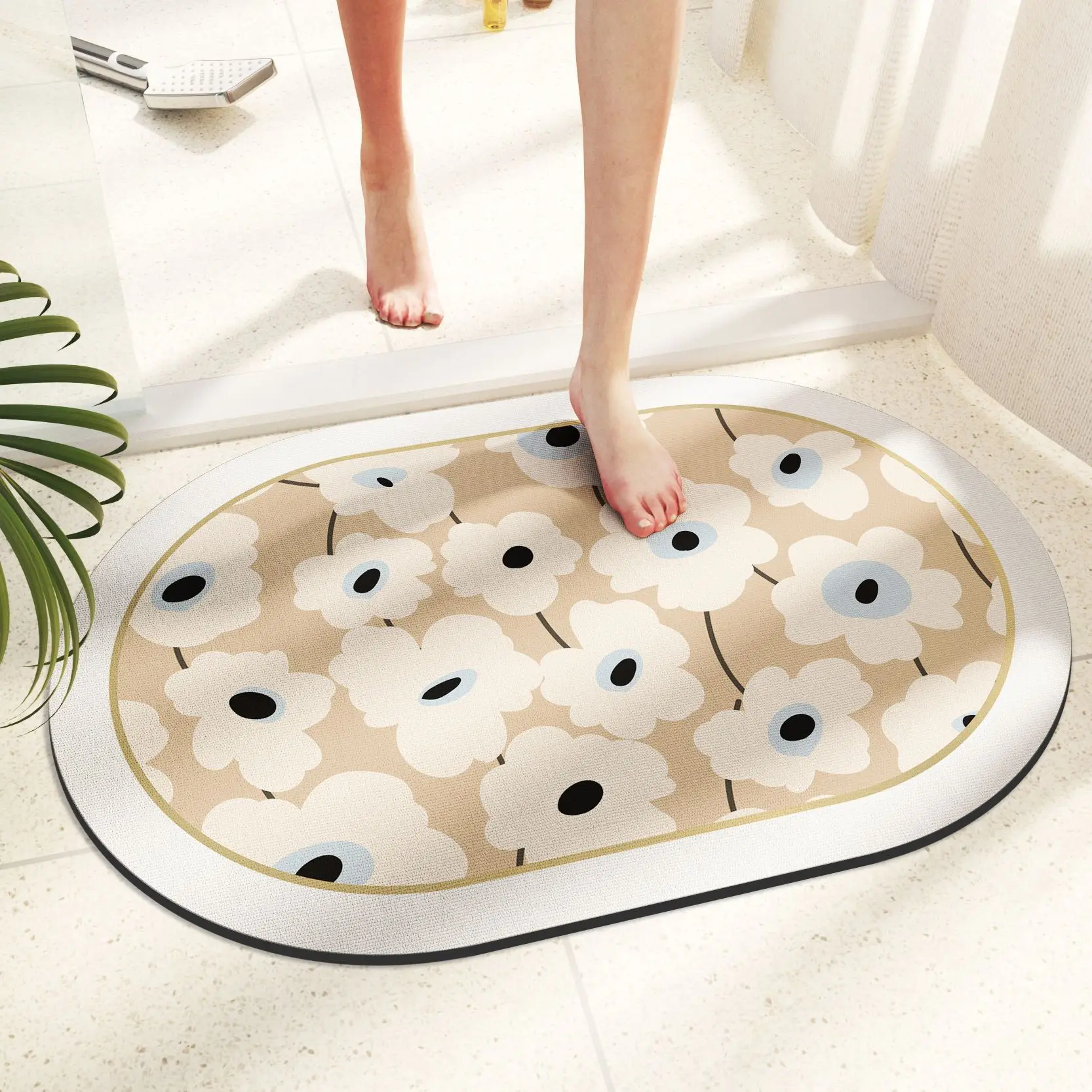 흡수성 규조토 목욕 매트, 부케 패턴, 타원형, 빠른 건조, 세탁 가능한 욕실 러그, 미끄럼 방지 고무, 뒷면 반원