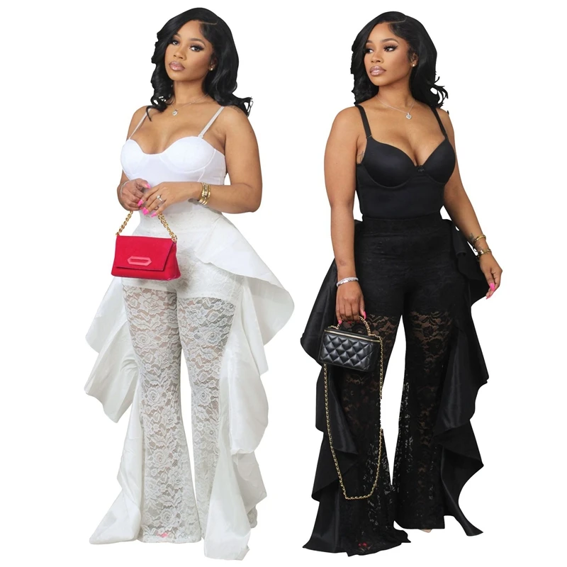 Women\'s Pants Lace Patchwork Ruffle Sexy Leggings For Fitness Summer See Through Long Flared Pant Night Club Outfits Woman Cloth