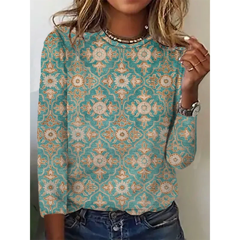 

Vintage 3D Geometric Printed Long Sleeve Tops Women Autumn New Elegant Cotton O Neck Pullover T-shirt Casual Boho Tees Female