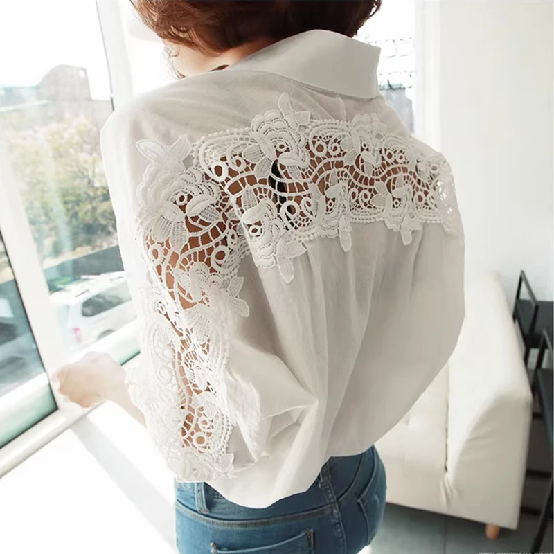 Women's Sexy Hollow Out Lace Blouse Backless Shirt Loose White Office Blouse Ladies Casual Tops Summer Spring Fashion 1310