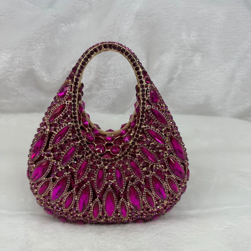 XIYUAN Luxury Fuchsia Crystal Clutch Purse Women Sparkly Rhinestone Evening Bag with Hollow Design Wedding Party Prom Handbags 1