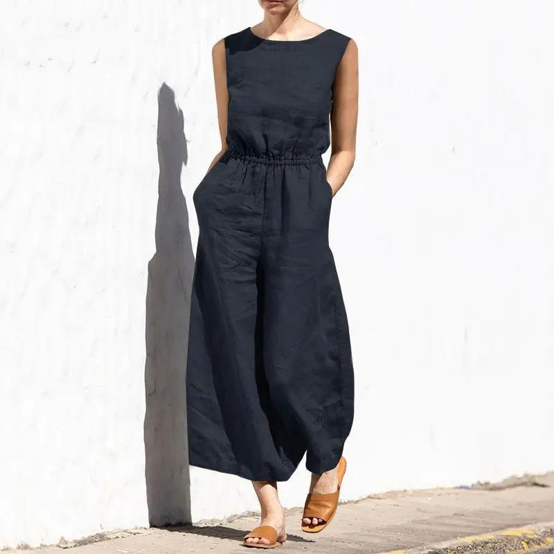 2024 New Summer Fashion Vintage Cotton Linen Sleeveless Wide Leg Jumpsuits Casual Streetwear Solid Loose Pockets Rompers Outfits