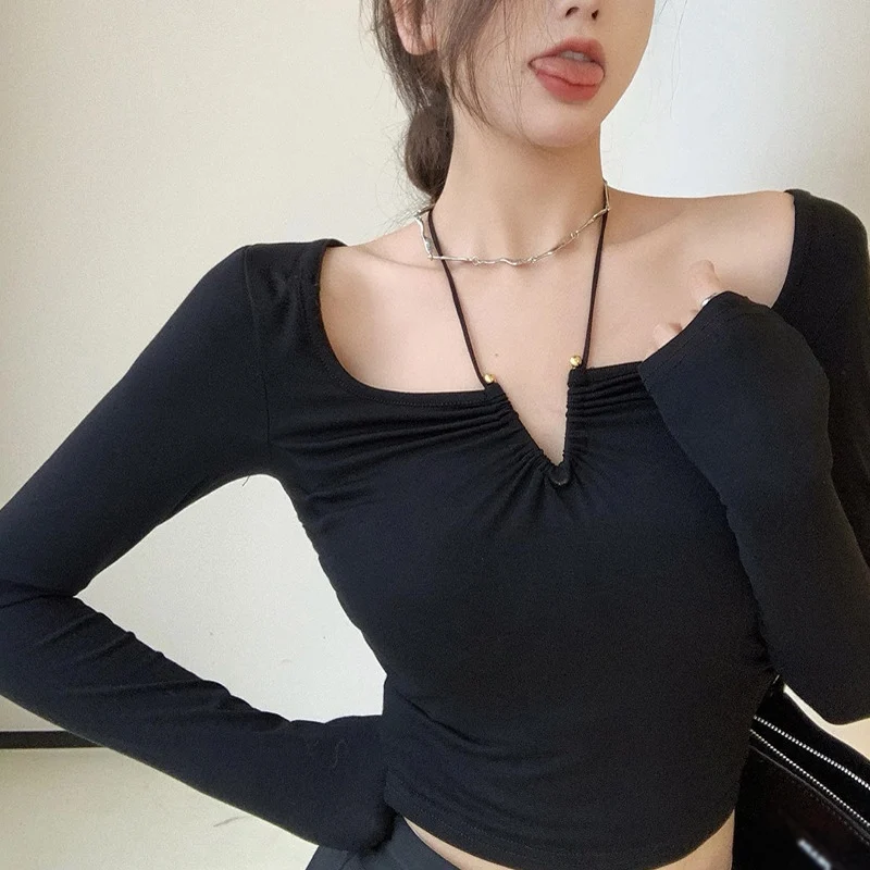 

V Neck Hanging Neck T Shirts Women Design Sense Long Sleeve Solid Color Tops Casual Versatile Streetwear Tees