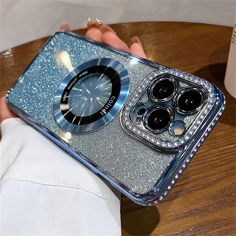 Diamond Frame Colorful Gradient Glitter Magsafe Magnetic Wireless Charging Case For iPhone 15 14 Pro Max 13 12 11 Cover_voghion.com