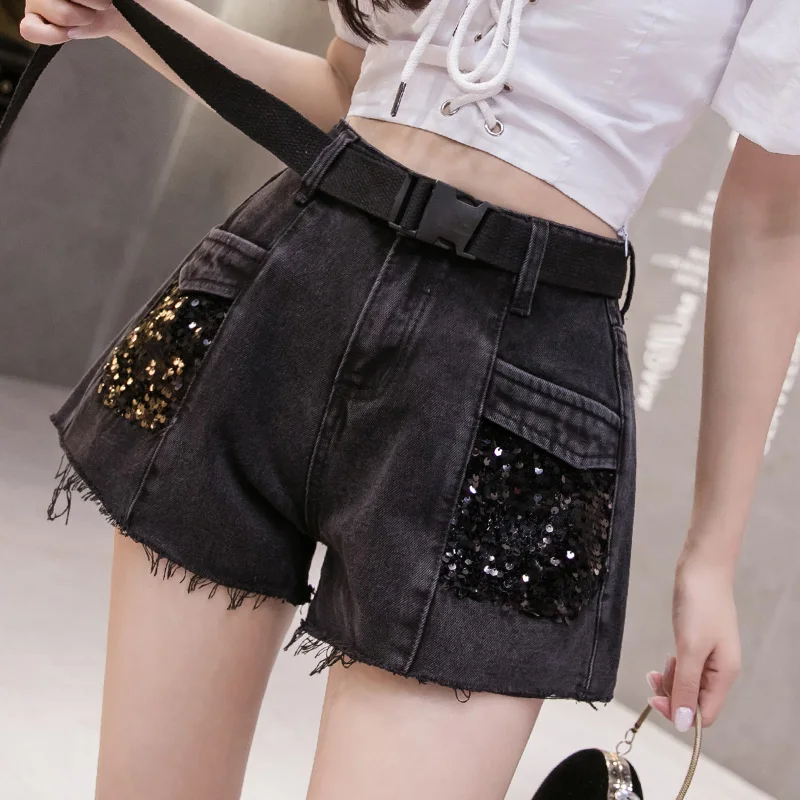 Sequins Denim Shorts Women High Waist Zipper Pockets Straight Jeans Women Short Fashion Streetwear Harajuku Sexy Shorts Female