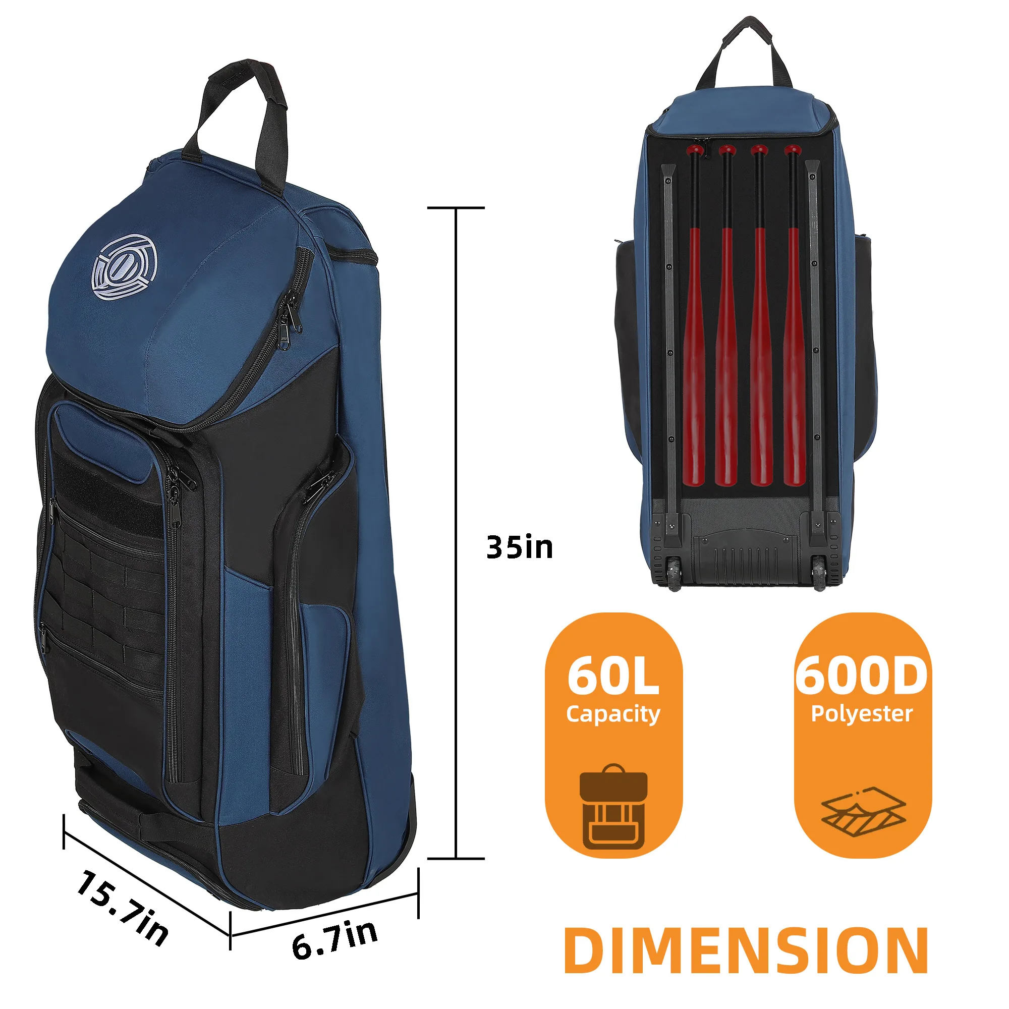 Portable Rolling Baseball Bag Softball Bag with Wheel Multi-pocket Outdoor Sport