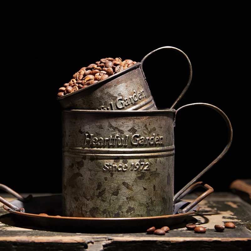 Retro Handle Cup Vase Drinkware Wrought Iron Flower Bucket Vintage English Printing Home Decor Gourmet Photography Props 4