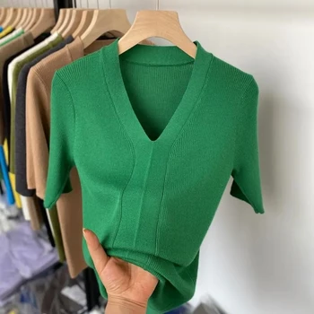 Basic V-Neck Short Sleeve T Shirt Slim Aesthetic Clothing Summer Blouses for Women Casual Aesthetic Clothes Elegant 1