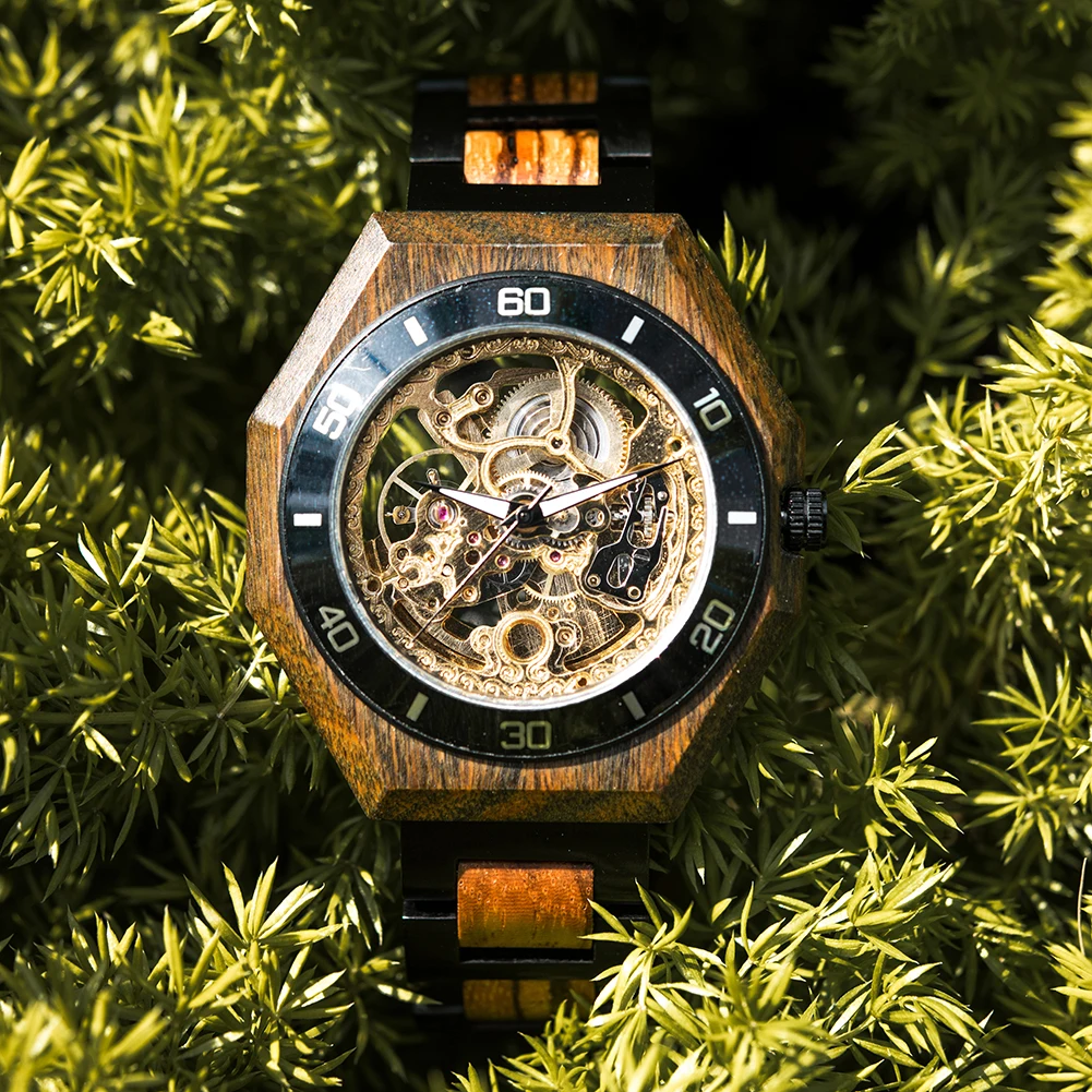 BOBO BIRD Wooden Mechanical Watch Men Luxury Automatic Wristwatch Reloj Mecanico Luminous Timepiece Custom Logo Great Gift Box mechanical field watch