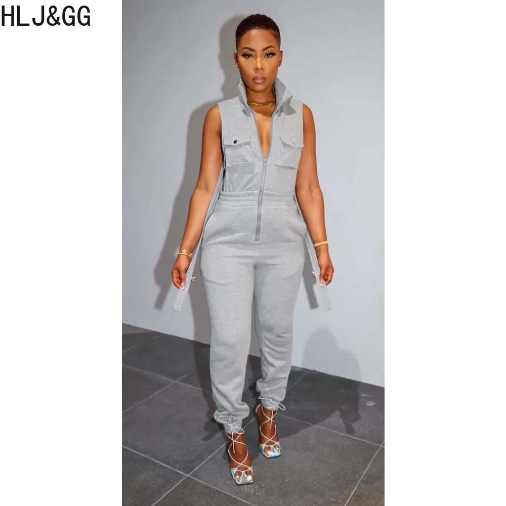 HLJ&GG Spring New Solid Side Hollow Out Jumpsuits Women Turndown Collar Zipper Drawstring Cargo Pants Playsuits Female Overalls
