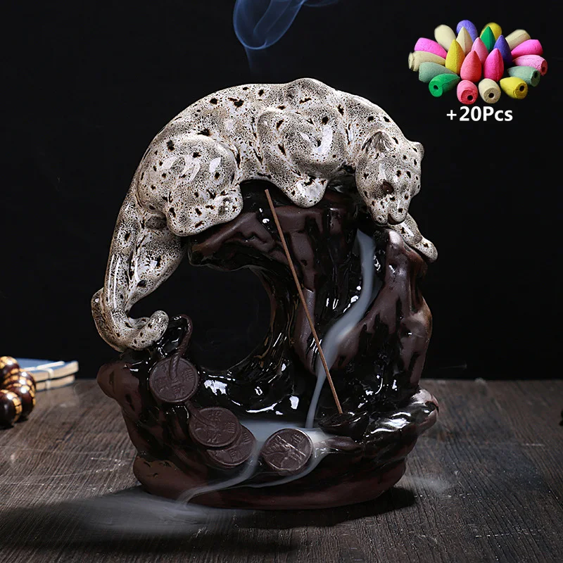 

Handcraft Gift Lukcy Fortune Leopard Home Tea House Decorate Backflow Incense Burner Panda Incense Stick Holder Ceramic Censer